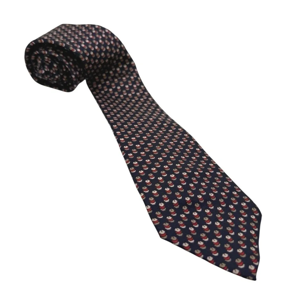 Christian Dior Cravates Silk Necktie Navy‎ Blue Red White Tan Geometric Pattern